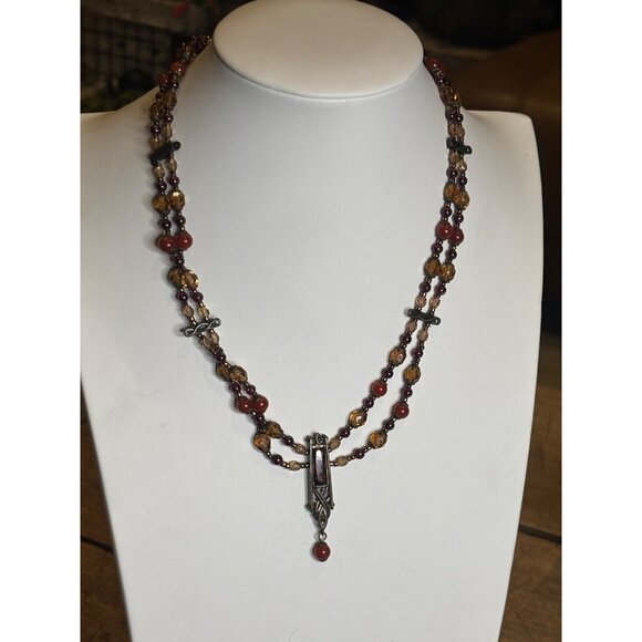 Vintage Multi-Strand Necklace With Red & Amber Beads Bronze Pendant & Chain Intr - Picture 10 of 10